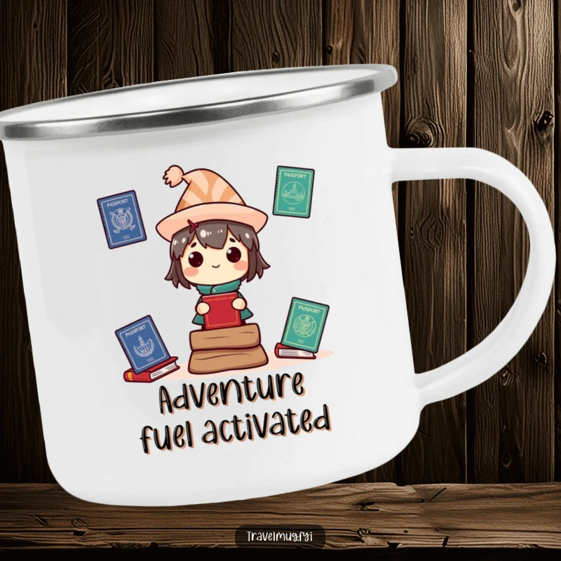 Funny Camping Mug: A character wearing a silly hat balances several international passports, ready for any expedition.
