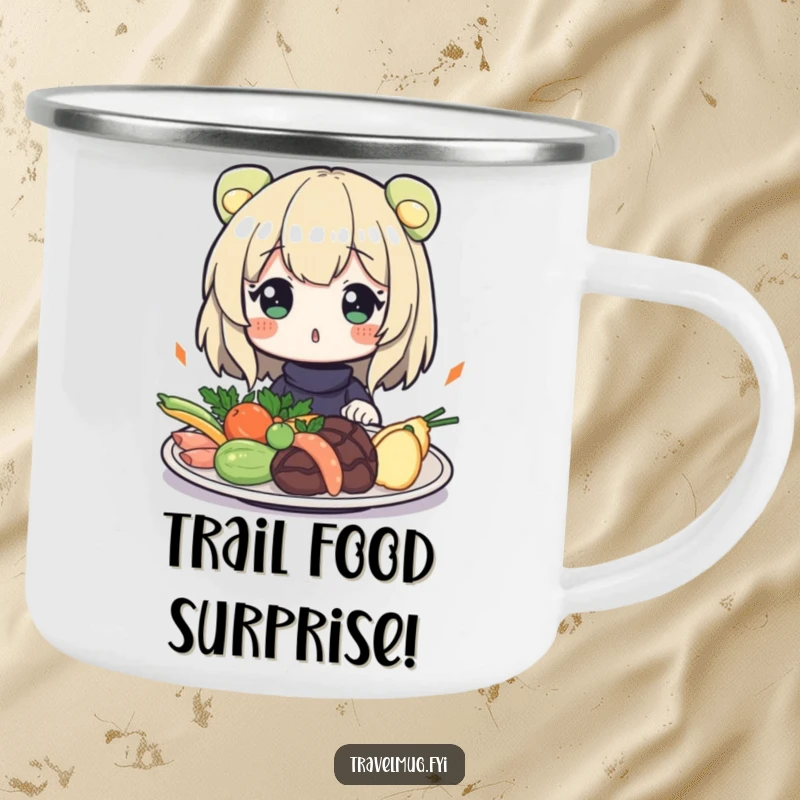 Funny Camping Mug: Character looking surprised at exotic food, designed for culinary exploration during outdoor adventures.