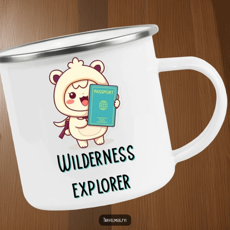 Funny Kawaii Camping Mug, a happy character holding a passport, ready for outdoor travel.