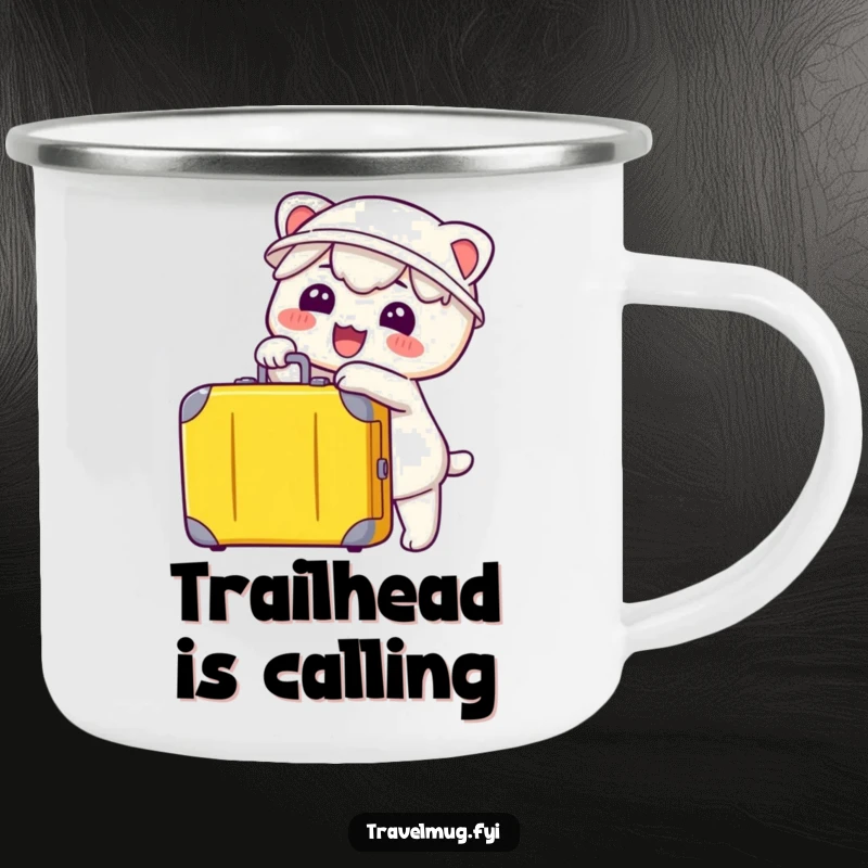 Funny Kawaii Camping Mug, a happy character pointing at a suitcase, ready for outdoor adventures.