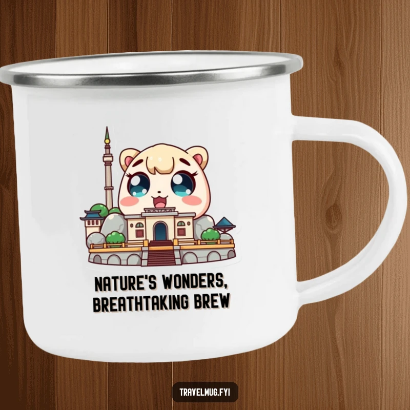 Funny Kawaii character camping mug depicting a cute character with amazed eyes looking at a landmark, great for outdoor use.