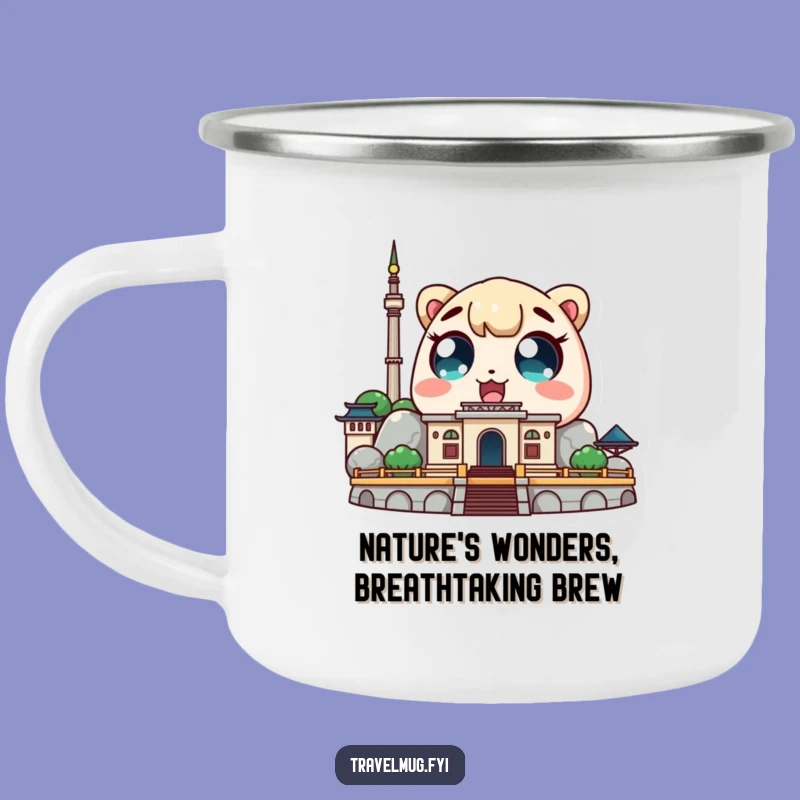 Funny Kawaii Tourist Camping Mug: Amazed Landmark View, Hilarious Outdoor Gift!