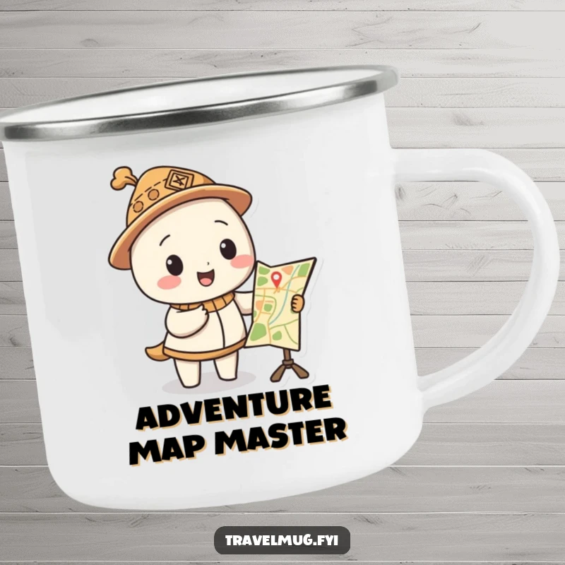 Funny camping mug depicts a character in a silly hat pointing at a funny map, perfect for outdoor adventures.