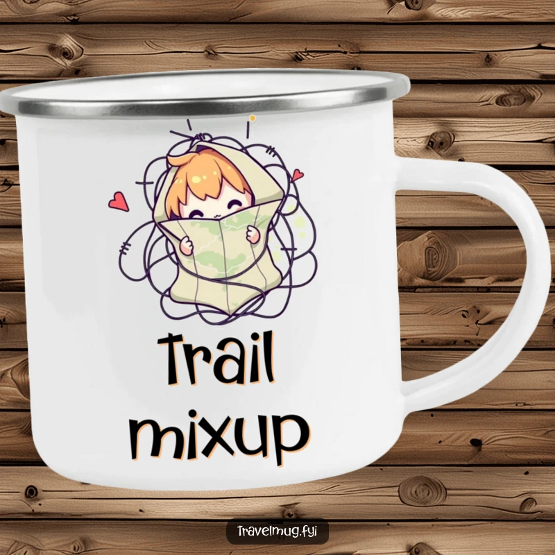 Funny camping mug featuring a character comically tangled in a map, a durable and humorous mug for outdoor adventurers.