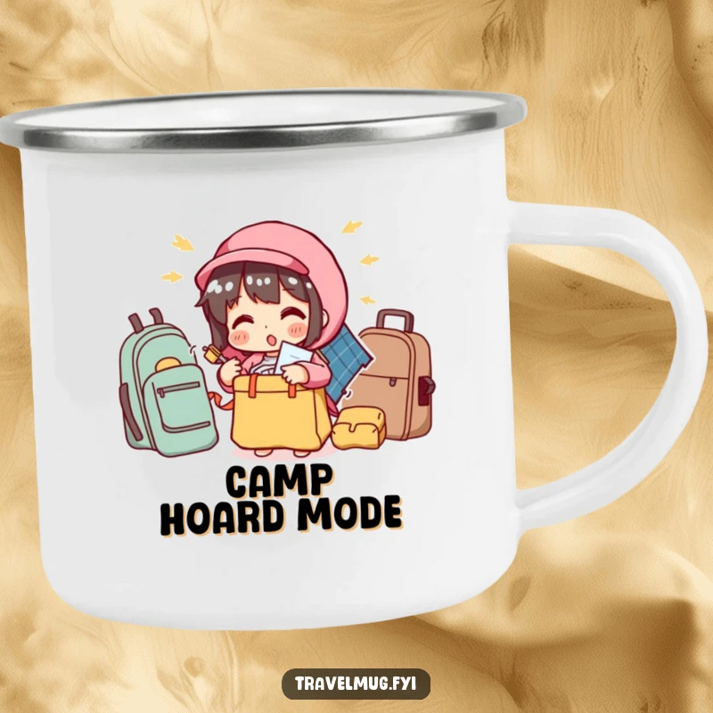 Funny camping mug featuring a character comically overstuffing a small bag, a durable and humorous mug for travelers.