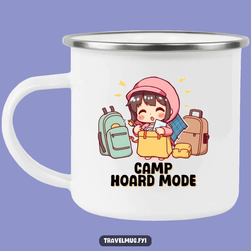 Funny Packing Camping Mug: Character Overstuffs Bag, Outdoor Travel Humor