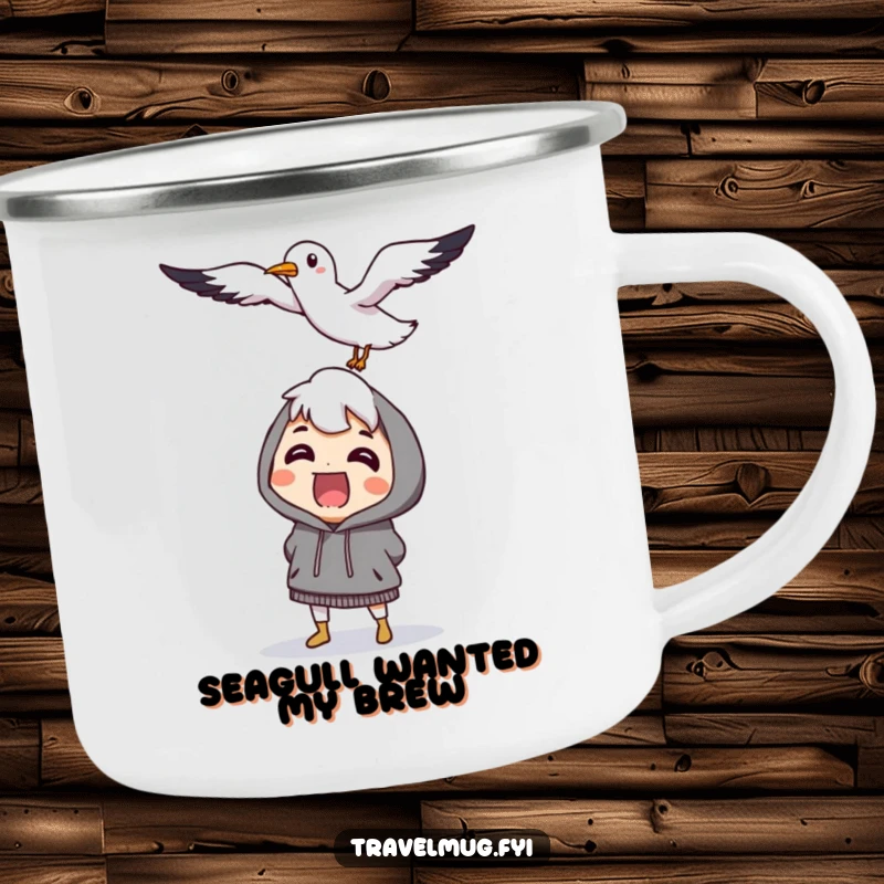 Funny character comically surprised by a flying, smiling seagull, a durable and humorous camping mug.