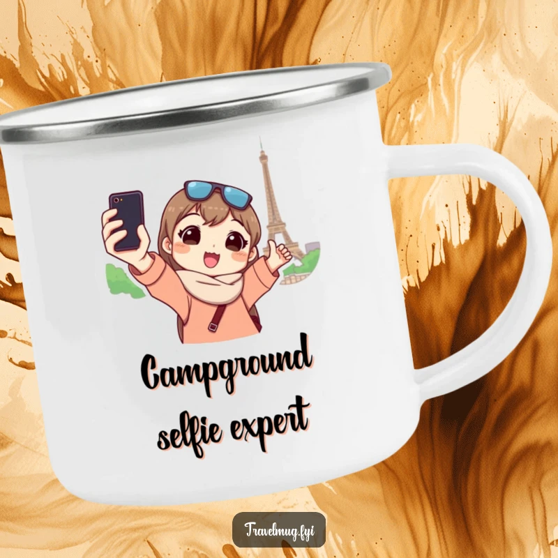 Funny camping mug depicts a character taking a selfie at a landmark, perfect for humorous outdoor adventures.