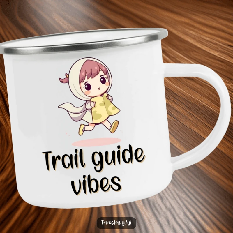 Funny camping mug with a character skipping with a map, designed for adventurers and lovers of humorous outdoor gear.