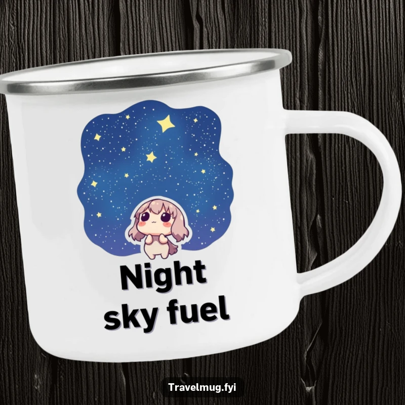 Funny camping mug showcasing a character looking up at a starry night sky, perfect for outdoor adventures and celestial humor.