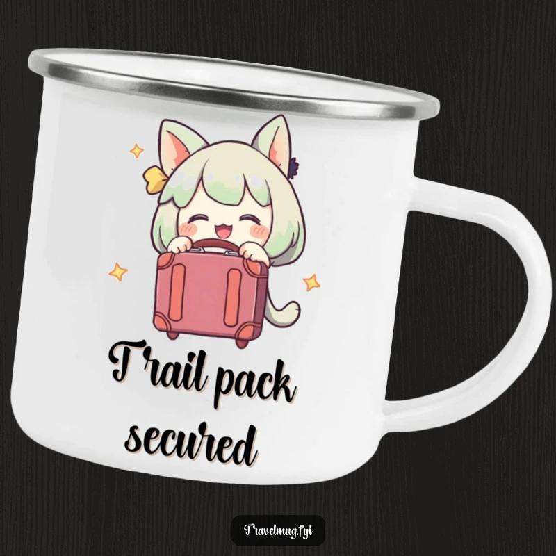 Funny camping mug showcasing a character excitedly embracing a suitcase, perfect for outdoor trips and travel humor.