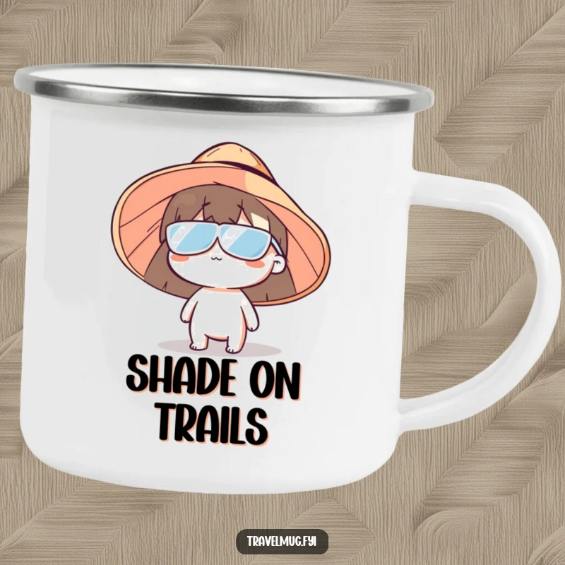Funny sun hat character camping mug, a durable enamel mug with a humorous sun hat design, ideal for outdoor fun.