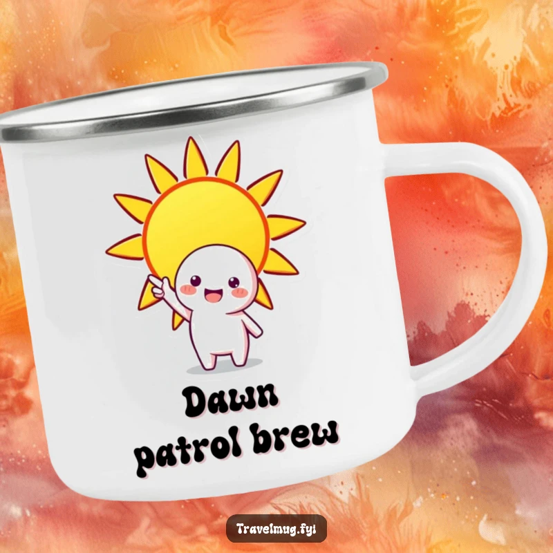 Funny camping mug featuring a cheerful character pointing at a bright sun, a durable and humorous mug for outdoor lovers.