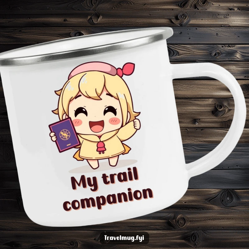 Funny camping mug featuring a character with an excited smile holding a passport, perfect for outdoor travel enthusiasts.