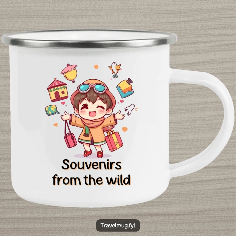 Funny camping mug featuring a character cheerfully juggling colorful travel souvenirs, perfect for outdoor humor and wanderlust.