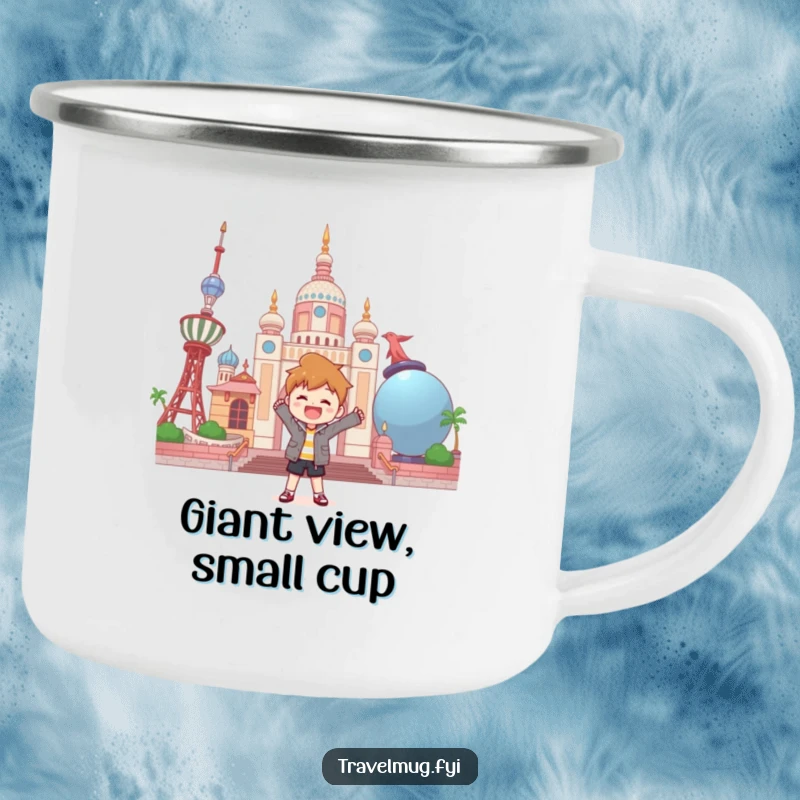 Funny camping mug showing a character joyfully posing in front of a landmark made of oversized objects.