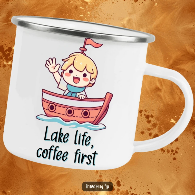 Funny camping mug featuring a smiling character waving from a boat, perfect for outdoor trips.