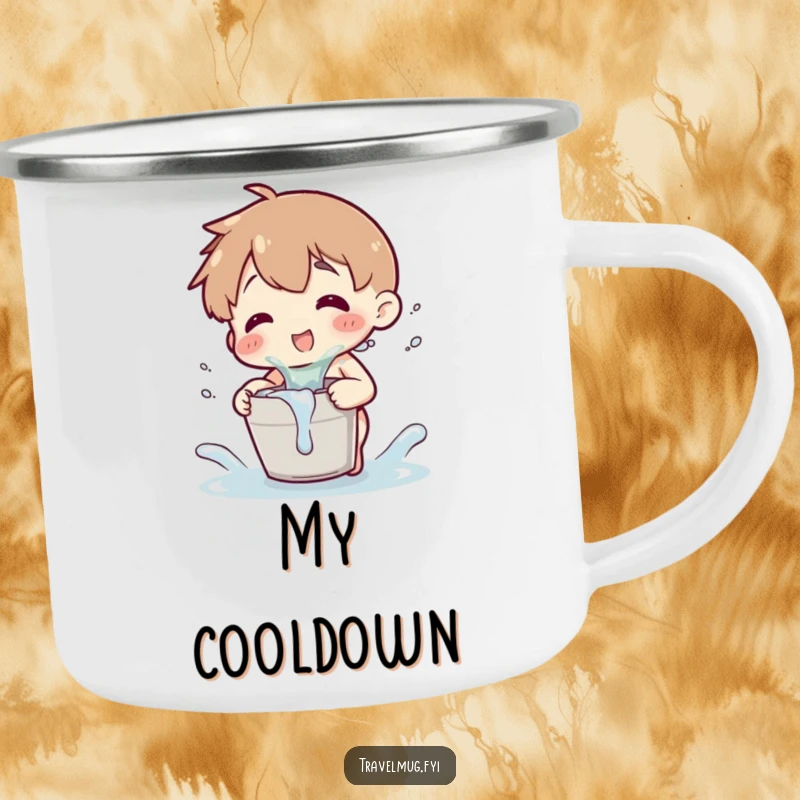 Funny camping mug with a character playfully splashing water from a tiny bucket, blending outdoor fun with humor.