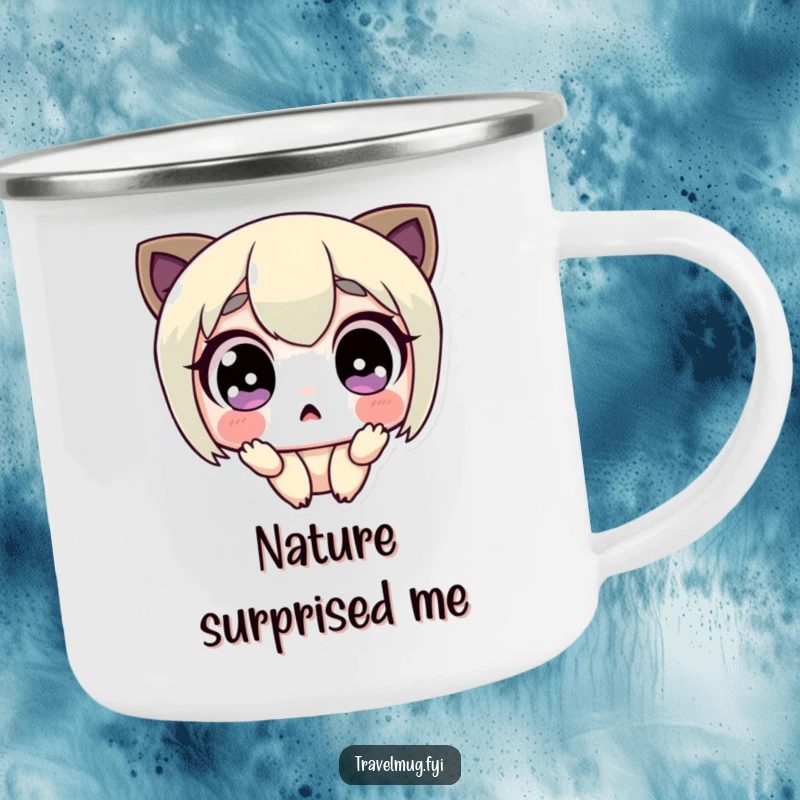 Funny camping mug featuring a cute character with comically wide, surprised eyes, built for outdoor adventures and humorous moments.