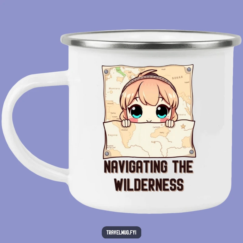 Funny Enamel Camping Mug: Explorer Character, Map Adventure Gift