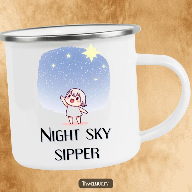 Funny Camping Mug: A character enthusiastically points towards a distant, star-filled sky, perfect for night adventures.