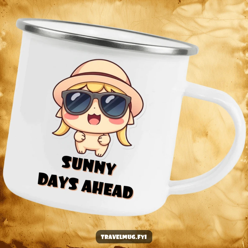 Funny Kawaii Camping Mug, a cool character wearing sunglasses and a hat, looking thrilled for outdoor fun.