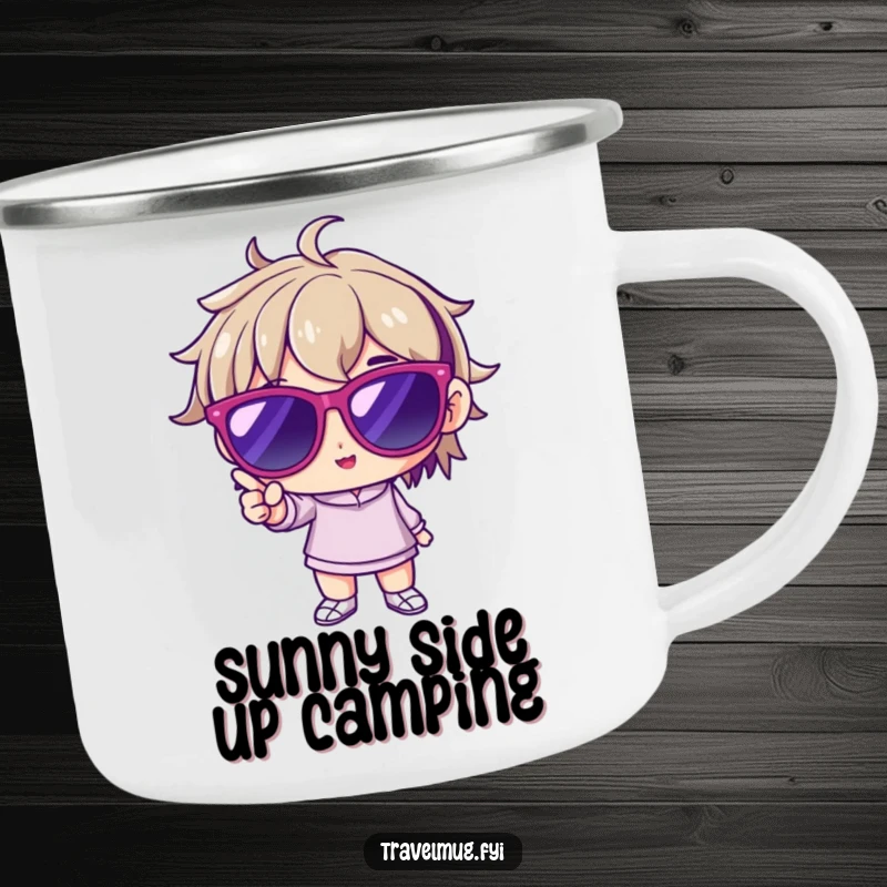 Funny camping mug showing a character wearing oversized sunglasses, striking a pose, ideal for outdoor enjoyment with a stylish flair.