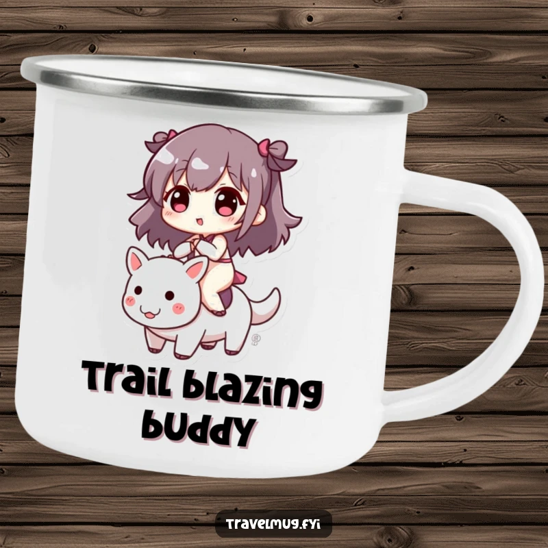 Funny camping mug showing a cute character riding a small, energetic creature, designed for outdoor enjoyment and humor.