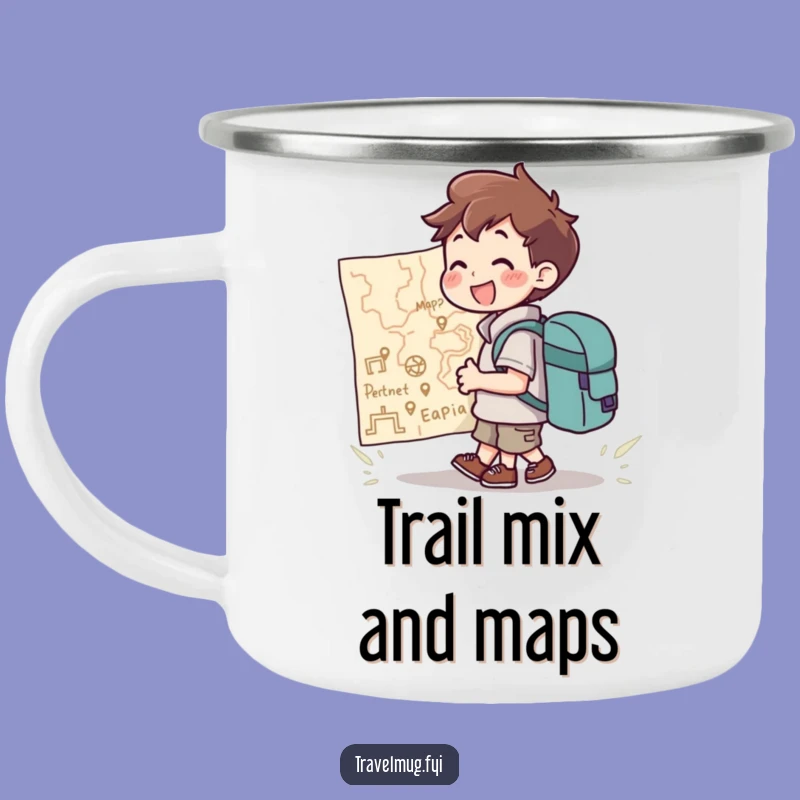 Funny Camping Mug: Backpack Character Joyfully Views Giant Map, Rugged Funny Gift!