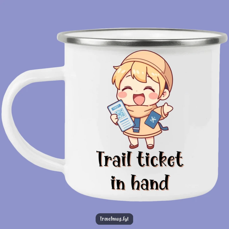 Funny Camping Mug: Character Holds Passport & Ticket Gleefully, Rugged Funny Traveler Gift!