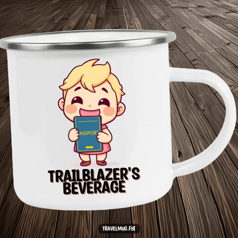 Funny Camping Mug with a kawaii character grinning widely while holding a passport, perfect for travel-themed outdoor adventures.
