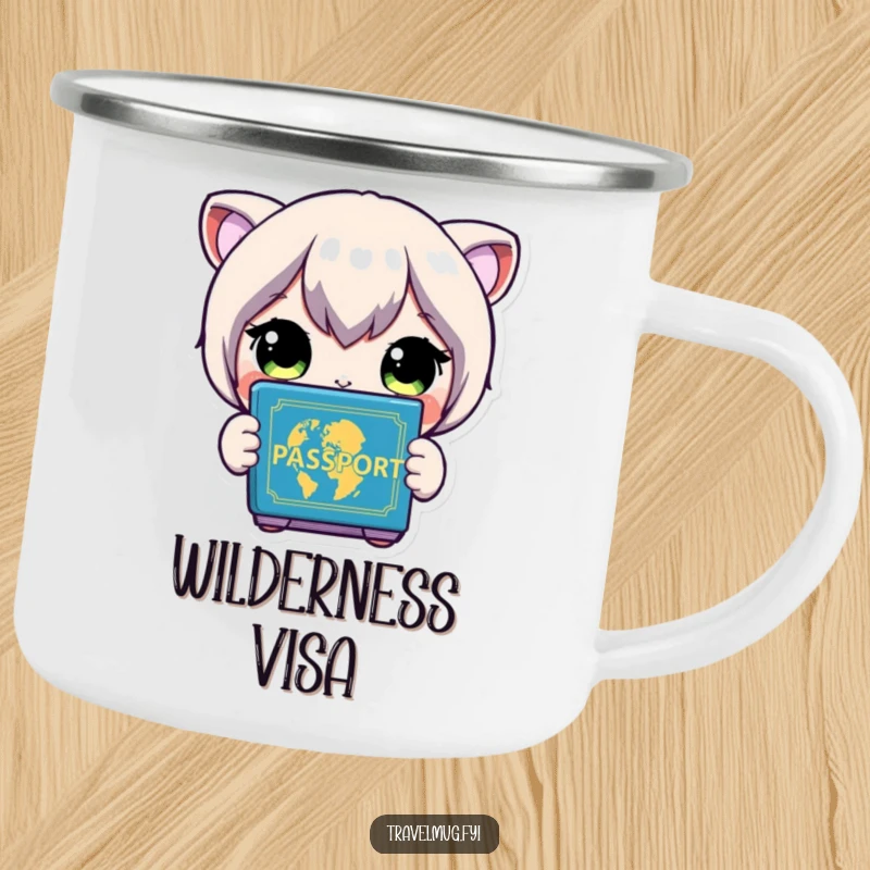 Funny Camping Mug: A character with wide eyes looks at a colorful passport, ready for global trips.