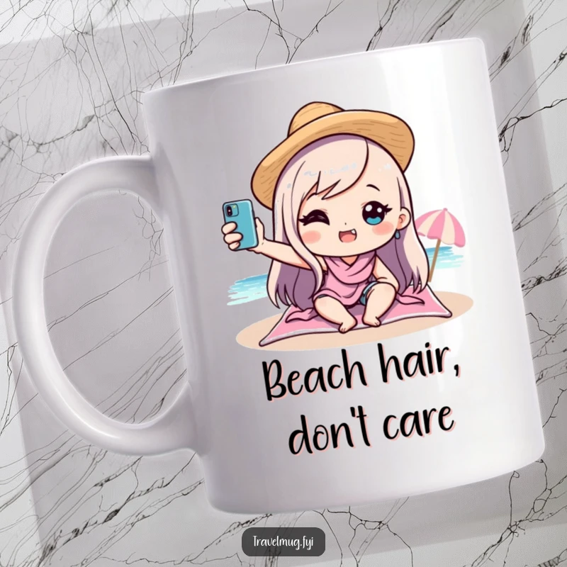 Funny kawaii character taking a hilarious selfie on a sunny beach, capturing vacation joy with a playful grin, perfect for beach lovers.