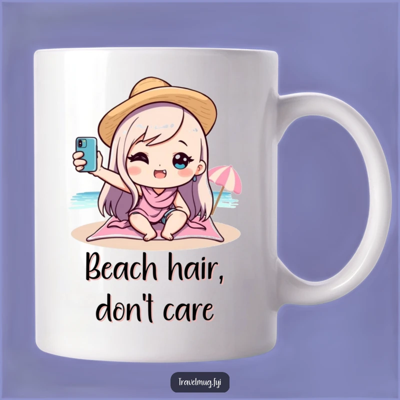 Capture the sunny vibes with this hilarious kawaii beach selfie mug. It's the perfect blend of cute and comedy for your daily brew.