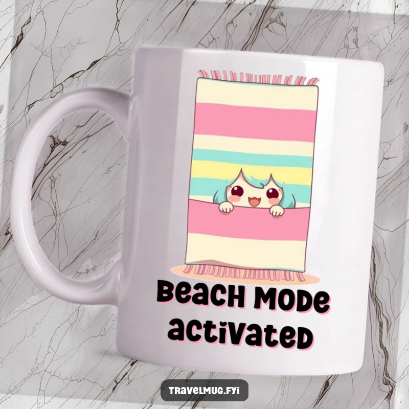 Funny beach peeker mug, character peering excitedly from behind a large striped beach towel, evoking vacation anticipation.