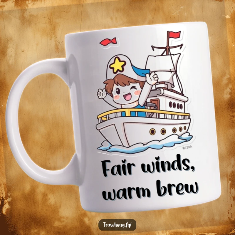 Funny Mug: A happy character waves goodbye from a departing ship, full of excitement for their next adventure.