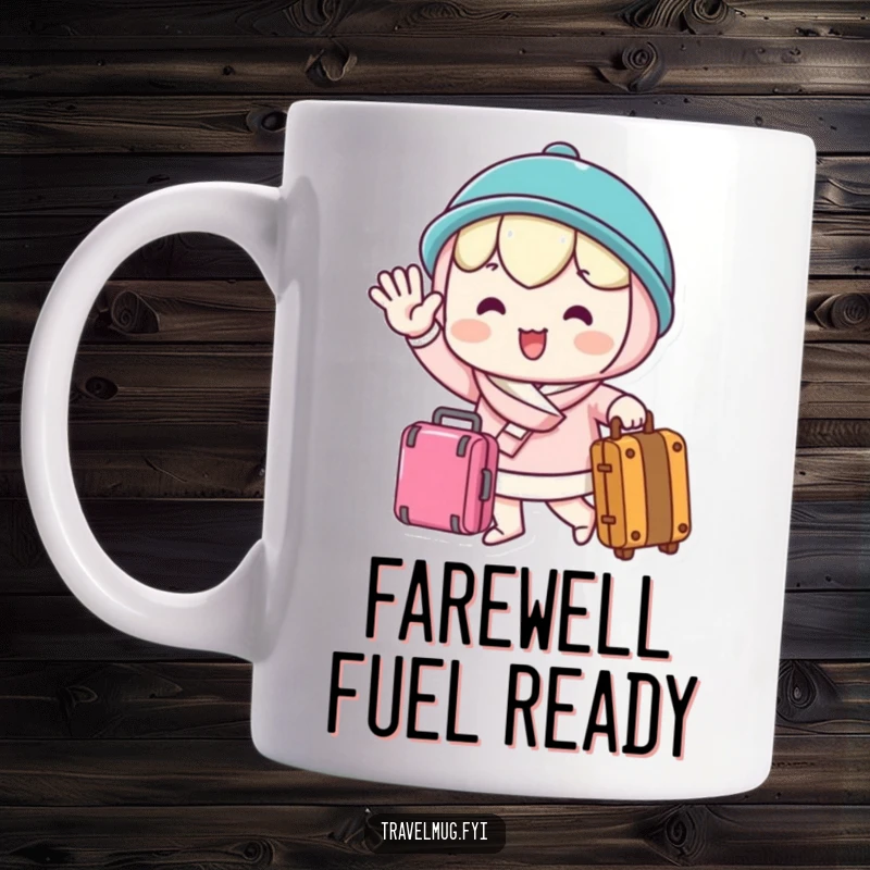 Funny Mug with a happy kawaii character joyfully waving goodbye while holding a suitcase, ready for their departure.