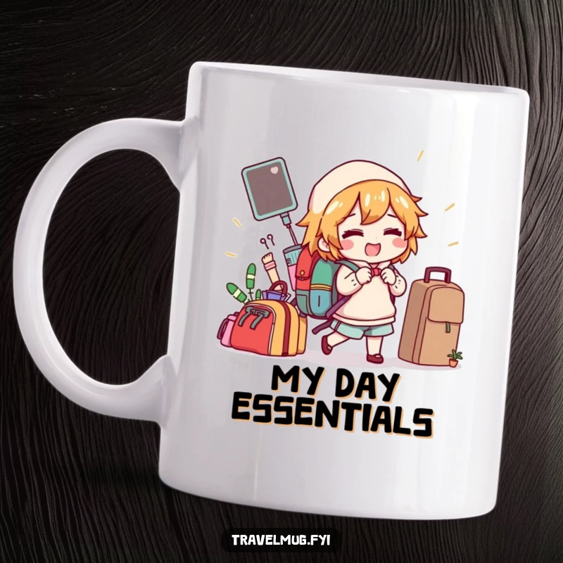 Funny mug featuring a character gleefully stuffing a backpack with absurd, comical items, ready for a hilarious journey.