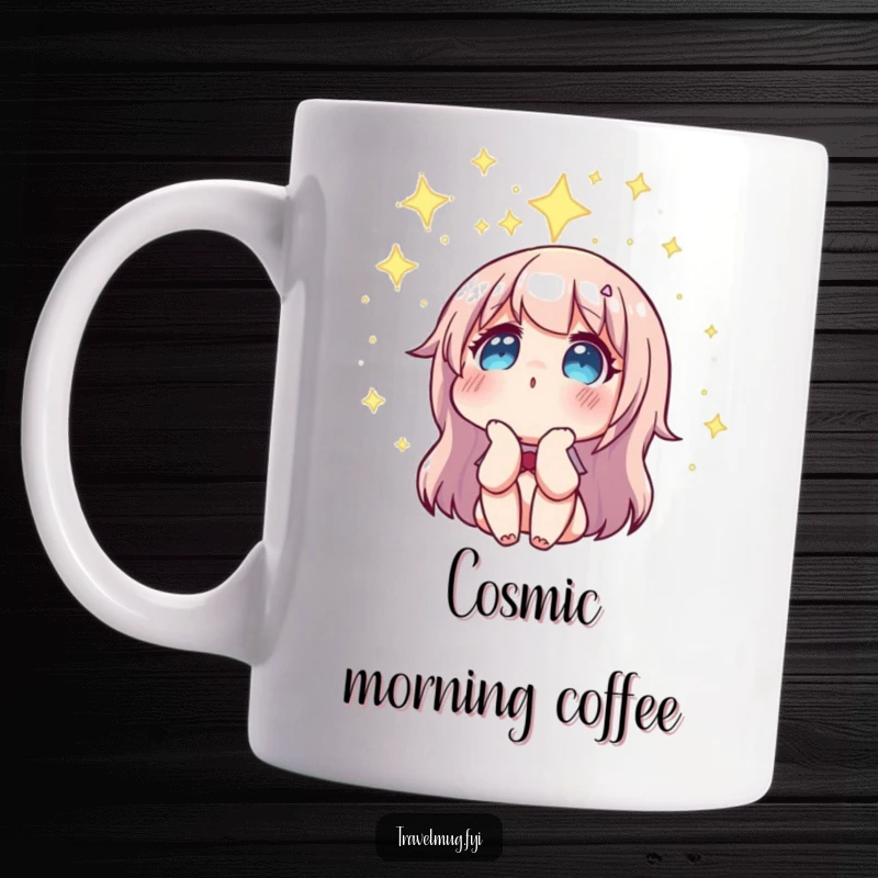 Funny mug shows a character gazing up in wonder at a detailed constellation, capturing the magic of stargazing.