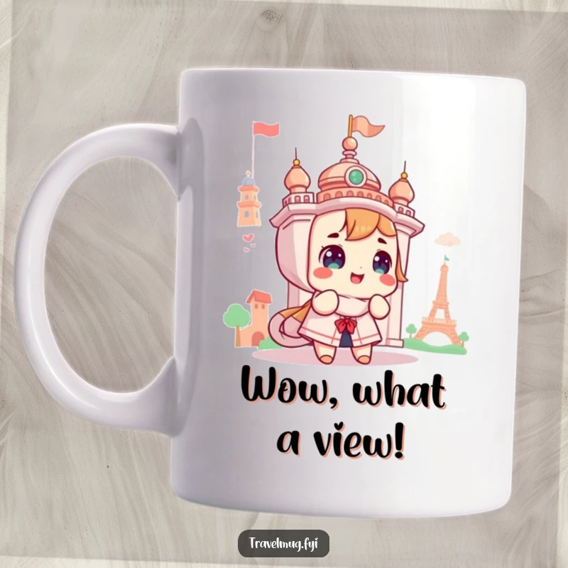 Funny mug illustration of a cute character looking up in pure wonder at a majestic landmark, capturing awe and curiosity.