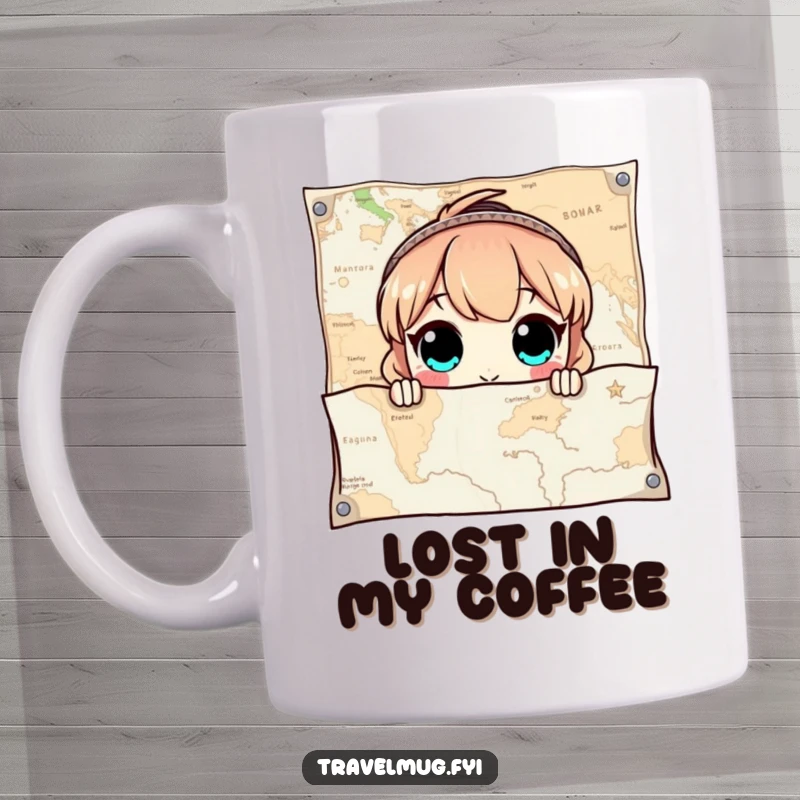 Funny Mug showing a character with wide eyes curiously peeking out from behind a giant, detailed map, full of wonder and exploration.