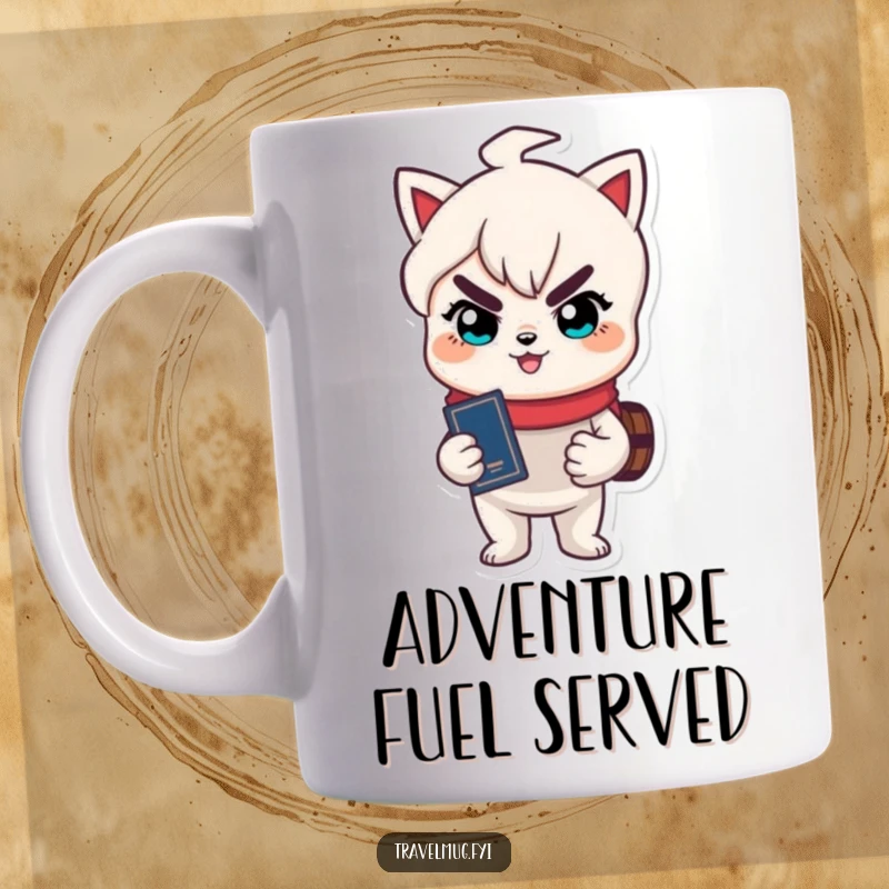 Funny mug with a cute character sporting a mischievous grin while holding a passport, ready for international escapades.