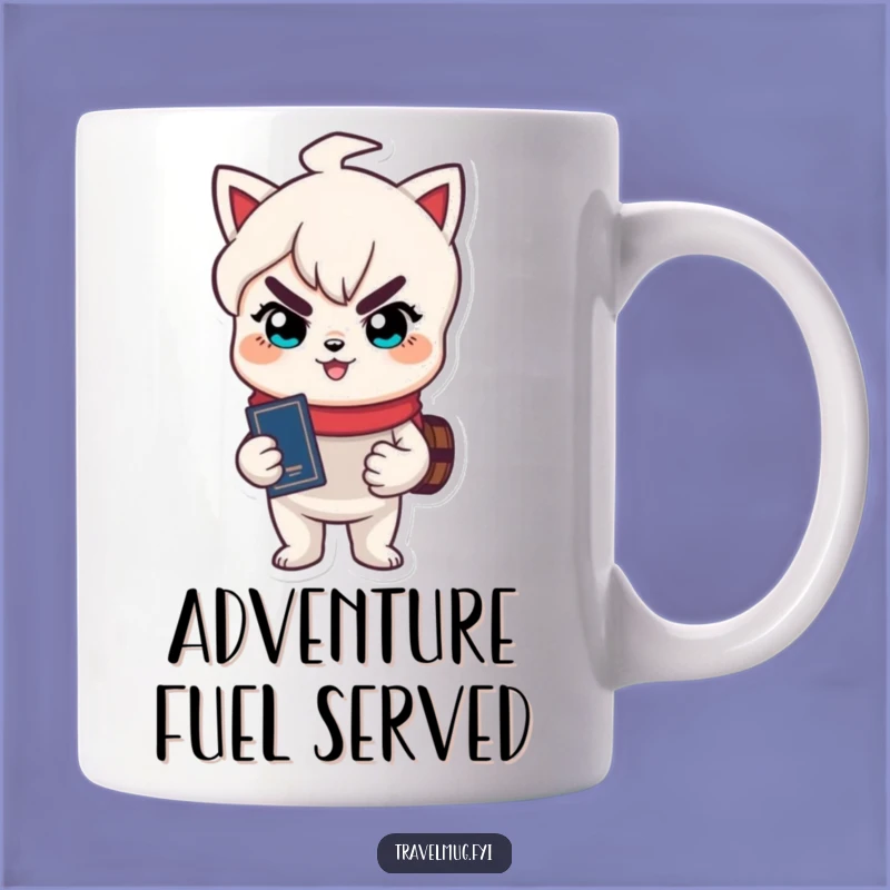 Ready for your next adventure? This funny mug features a cheeky character clutching a passport with a mischievous grin.