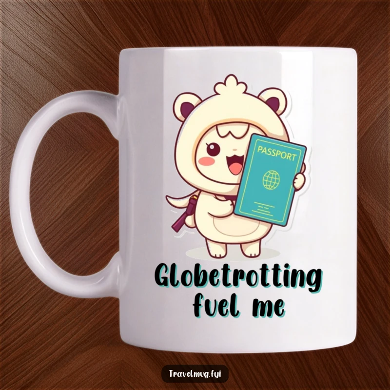 Funny Kawaii Mug, an excited character holding a passport, ready for international travel and adventure.