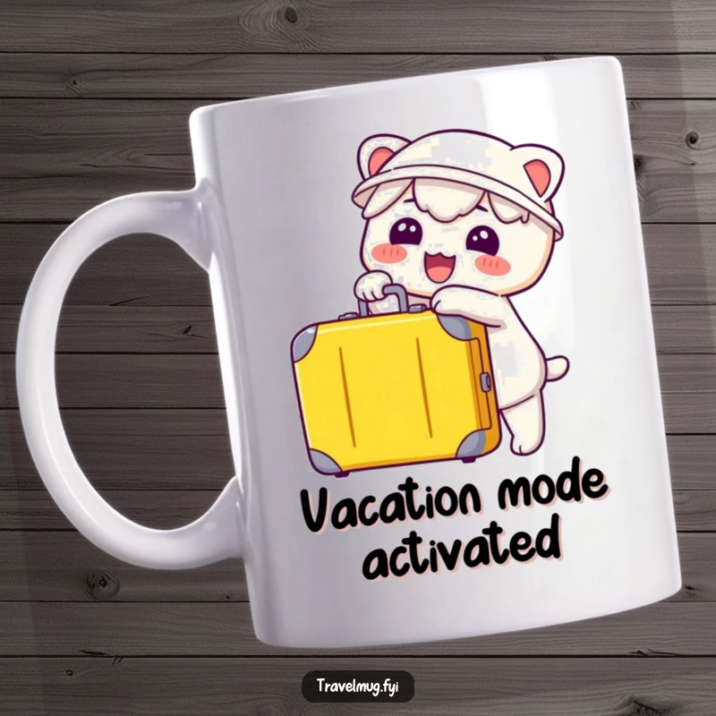 Funny Kawaii Mug, a cute character gleefully pointing at a suitcase, ready for travel and adventure.