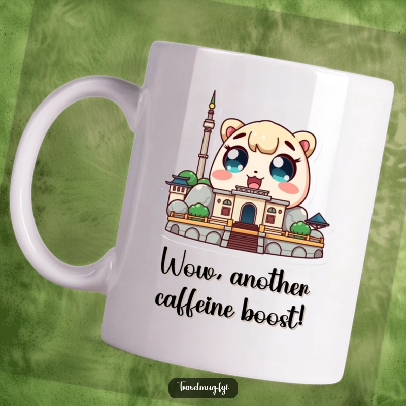 Funny Kawaii character mug showing a cute character with wide, amazed eyes looking up at a grand landmark, capturing wonder.