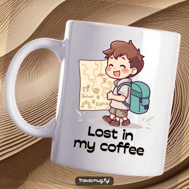 Funny Mug: A character with a backpack joyfully looking at a giant map, planning an exciting journey, perfect for travelers.