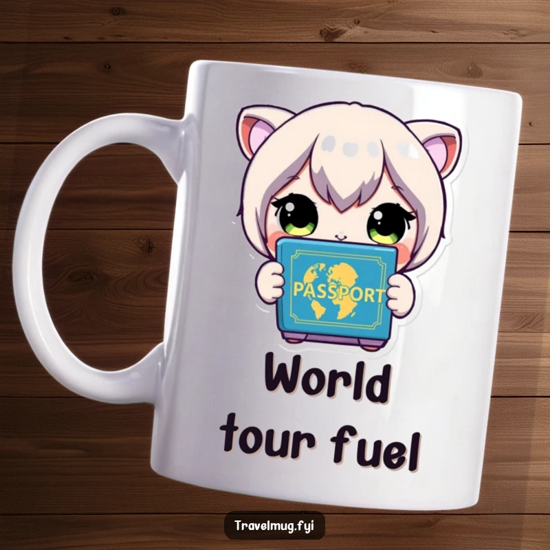 Funny Mug: A character with wide eyes stares at a colorful passport, filled with anticipation for adventure.