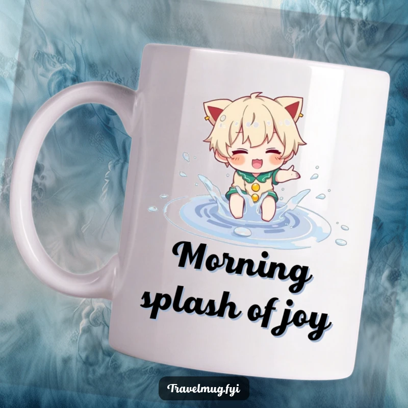Funny Mug: A happy character is playfully splashing with pure joy in a small, sparkling puddle.