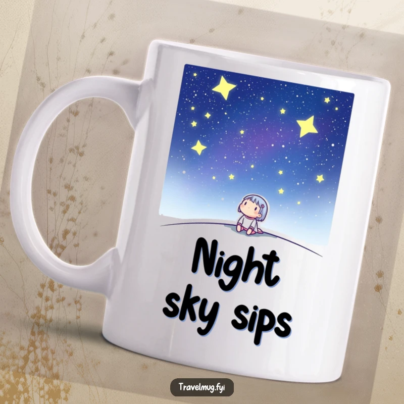 Funny mug with a cute character looking up in awe at a beautiful, twinkling starry night sky, full of wonder.
